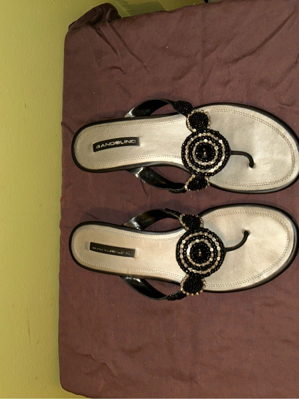 Bandolino Black Beaded Thong Sandals with Circular Embellishment